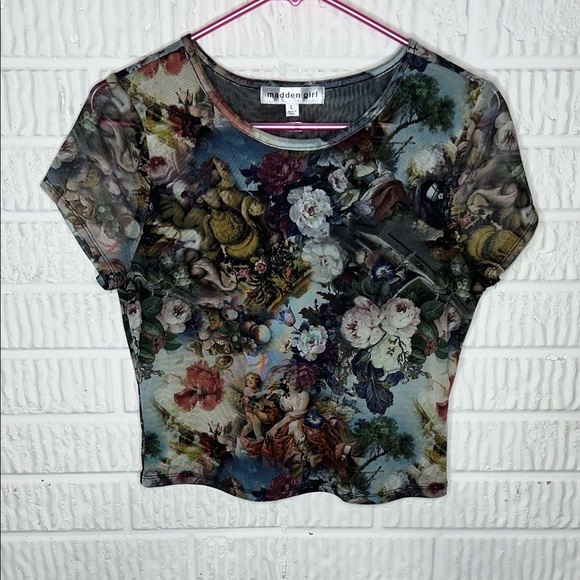 Madden Girl Artistic Floral Short Sleeve Top Mesh Crop Top - Picture 1 of 4